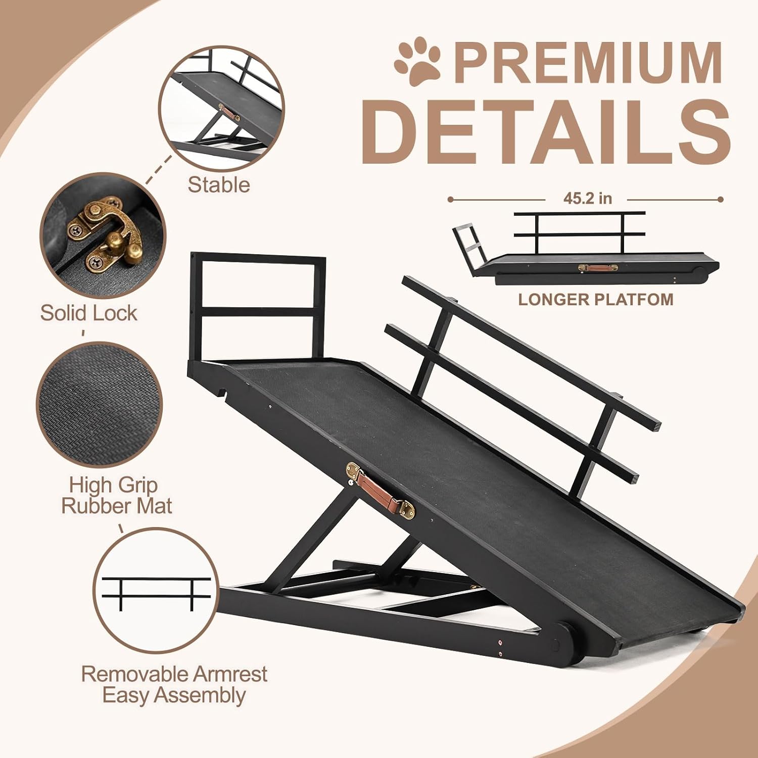Dog Ramp,Upgrade Rubber Mat High Traction Ramp,5 Level Adjustable Folding Pet Ramp for Middle Bed, Couch,SUV,Great for Small & Large Old Dogs & Cats,Supports up to 200 lbs,45.2" Long(2024 Upgrade)