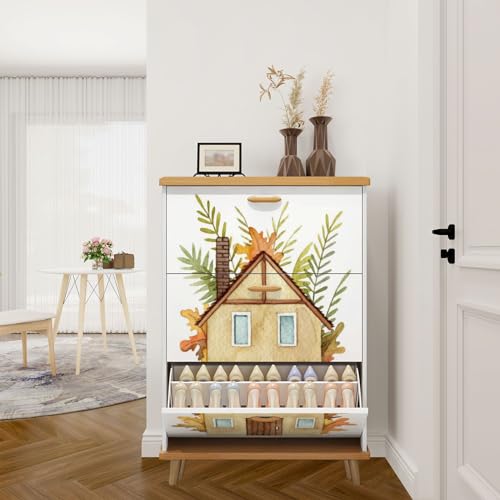 3 Drawer Shoe Cabinet, Artistic Shoe Cabinet, Wooden House Hill Behind House There are Trees Wood Shoe Rack Organizer for Entryway Slim (31.5”W x 9.45”D 46”H)