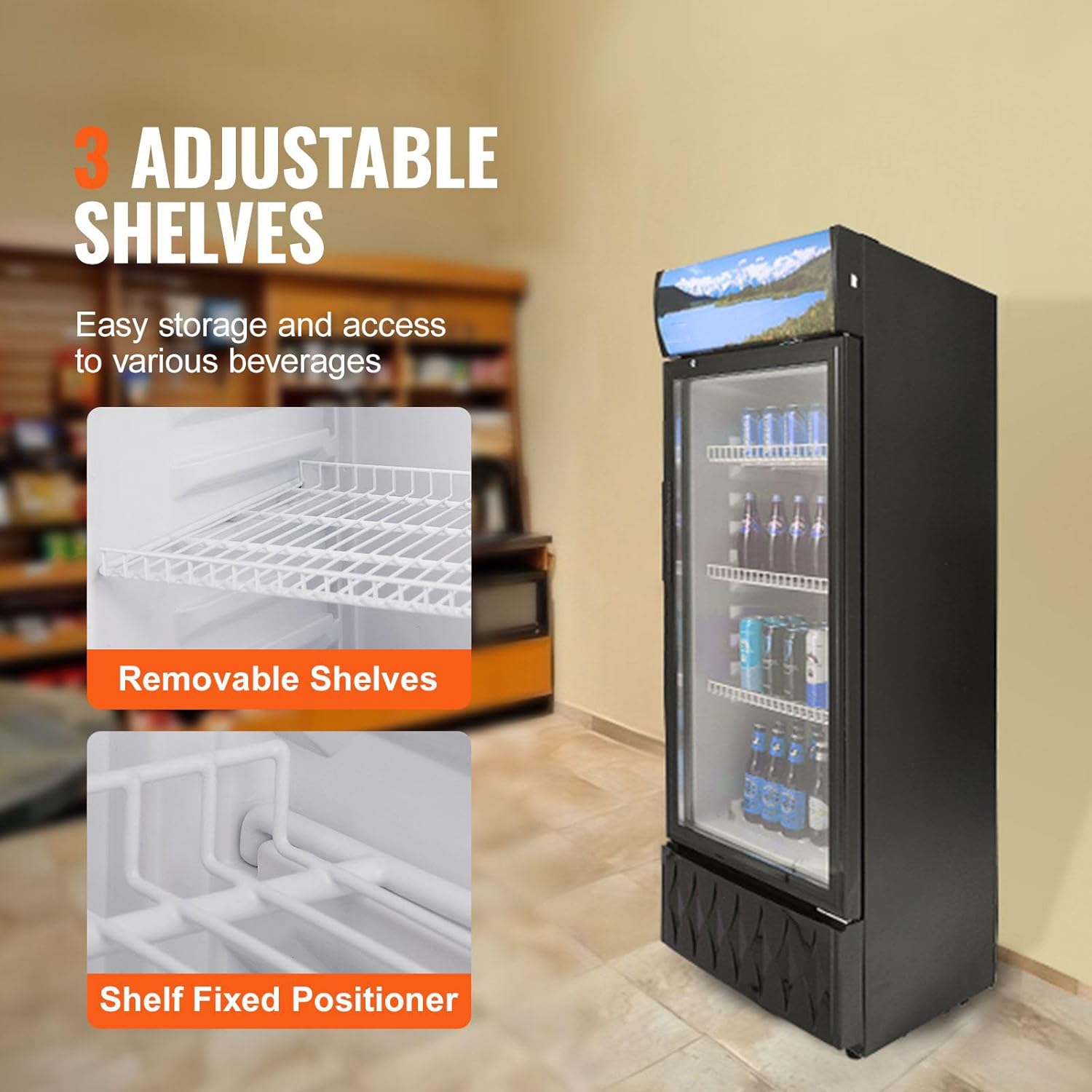 Commercial Merchandiser Refrigerator 6.8 Cu.Ft Beverage Cooler Glass Door Display Upright Fridge with 3 Adjustable Shelves Customizable Lightbox, None*None*None, black, 1XBV003142