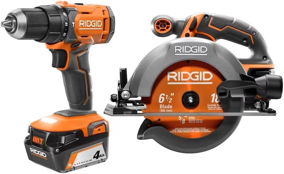 RIDGID 18V Hammer Drill & Circular Saw Kit with 2.0 and 4.0 Ah Batteries and Charger