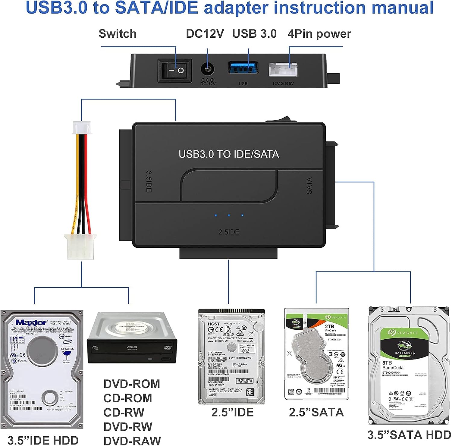 SATA/IDE to USB 3.0 Adapter, Hard Drive Adapter Converter for 2.5 3.5-Inch IDE SATA External HDD SSD, Universal Hard Drive Reader Cable Support 6TB with 12V 2A Power Supply Pack of 2