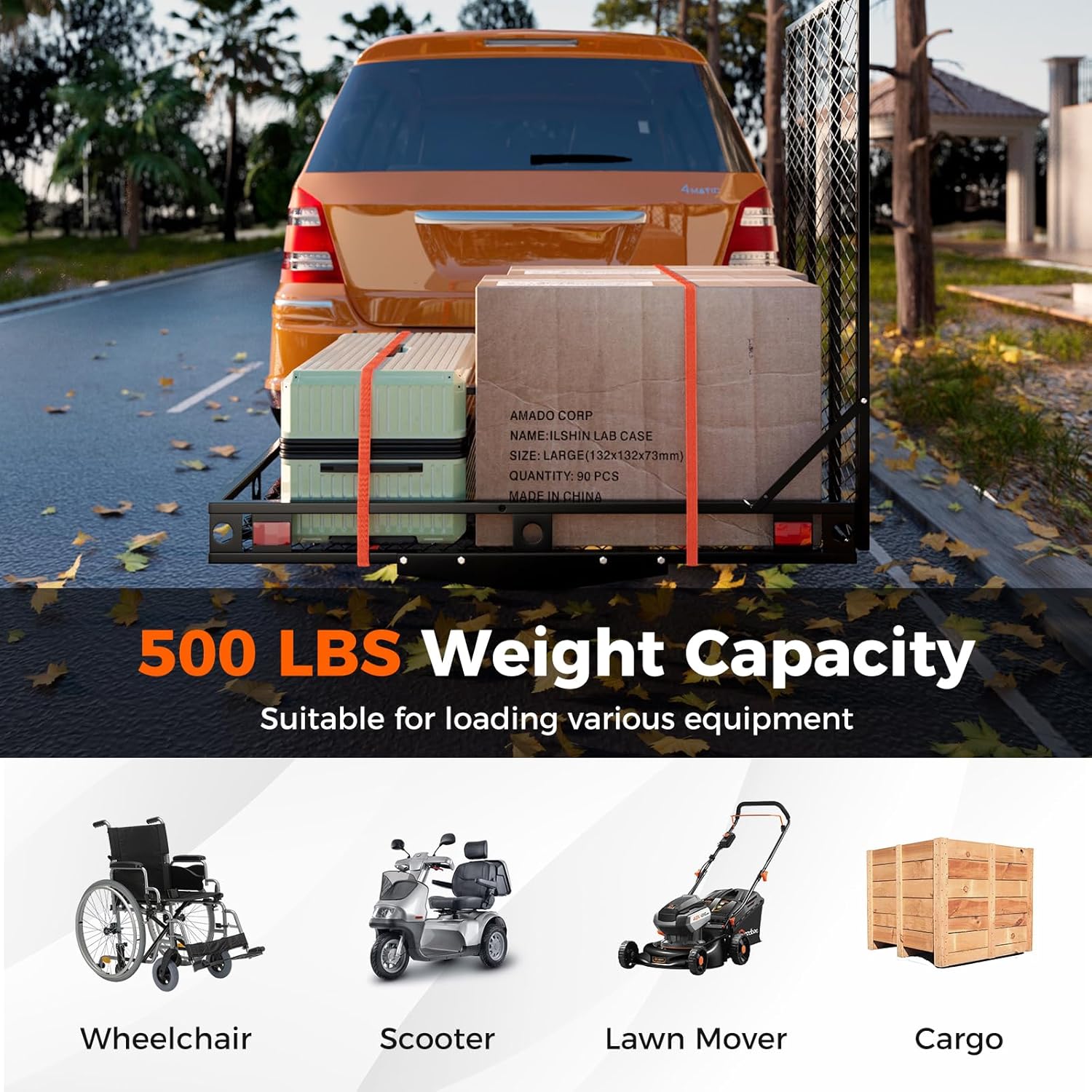 Mobility Scooter Carrier, 500 LBS Capacity Wheelchair Carrier Hitch Mount with Foldable Ramp, Stabilizer & Straps, Heavy-Duty Hitch Carrier for Mobility Scooter, Lawn Mower & Snow Blower