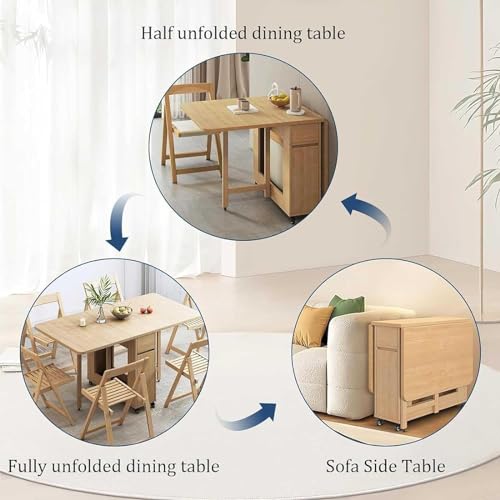 Solid Wood Dining Table Set, Folding Table and Chairs with Storage Drawers and Cabinets, Space Saving, Suitable for Dining Room/Balcony/Narrow Space(with 4 Chairs),A