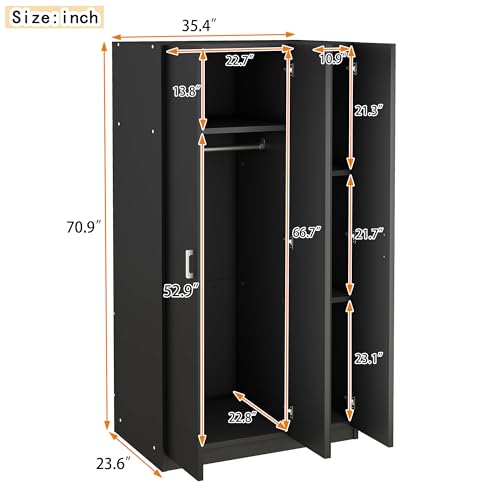 Modern Wardrobe with 3-Door and Storage Drawer, Wooden Armoire with Hanging Rod and 3 Fixed Shelves for Bedrooms Apartment (White-3F)