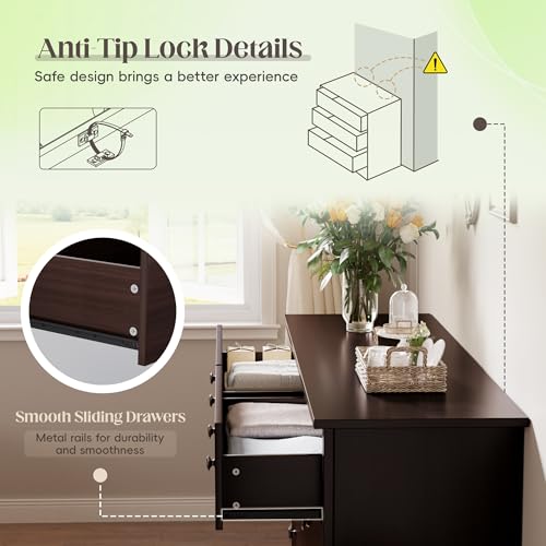 JUMMICO Dresser for Bedroom, 6 Wood Dresser Drawers, Wide Chest of Drawers, Storage Tower Unit, Modern Design for Bedroom, Living Room, Hallway, Entryway (Dark Brown)
