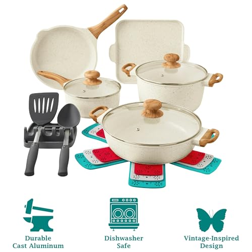 The Pioneer Womans 14-Piece Cast Aluminum Cookware Set with Nonstick Coating, Charcoal Speckle - Durable and Stylish Cookware Collection (Teal Speckle)