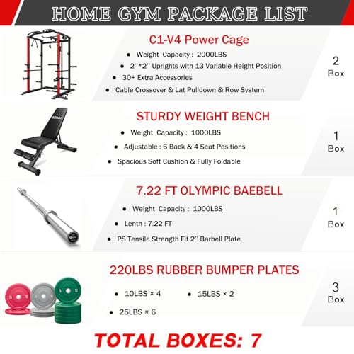 C1-V4 Power Cage, 2000LBS Squat Rack with LAT Pulldown, Multi-Function Weight Cage Strength Training Machine, Workout Cage with More Attachments for Home Gym Garage