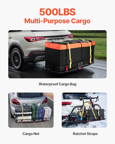 VEVOR 60x24x6 Folding Hitch Carrier - 500lb Capacity Cargo Basket & Waterproof Bag, Fits 2" Hitch Receiver for SUV, Truck, Pickup