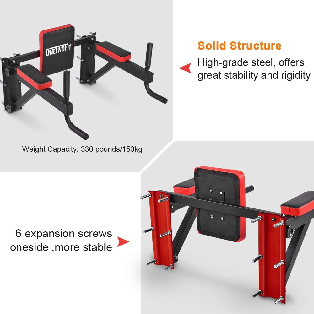 ONETWOFIT Wall Mounted Power Tower Pull Up Bar Station Workout Dip Station, Multi-Function Chin Up Bar Exercise Bar Set for Home Gym Strength Training Fitness Equipment, Pull Up Stand 330 Lbs