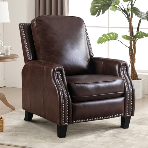 CANMOV Genuine Leather Recliner Chair Set of 2, Classic and Traditional Push Back Recliner Chair with Solid Wood Legs, Adjustable Single Sofa with Nailhead Trim for Living Room,Bedroom, Reddish Brown