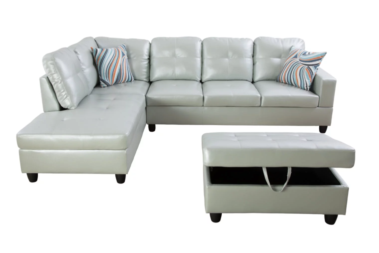 Ainehome Furniture Silver Green Leather Sectinal Sofa Set, L-Shaped Modern & Contemporary Sofa with Chaise Storage Ottoman for Living Room Furniture - Left Hand Facing