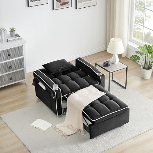 3 in 1 Sleeper Chair with Cup Holder & Swivel Phone Stand , Convertible Lazy Sleeper Sofa Chair with USB Port & Adjustable Back, Comfortable Folding Ottoman Bed Sleeper for Living Room (Creamy White)