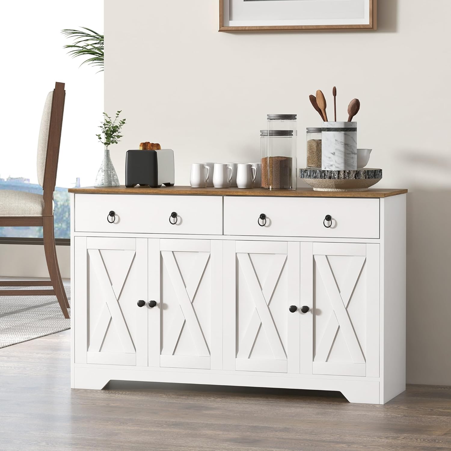 HOMCOM Sideboard Buffet Cabinet with Storage, 48" Kitchen Storage Cabinet with 2 Drawers and 4 Barn Doors, Farmhouse Coffee Bar Cabinet, Buffet Table with Wood Grain Top, White