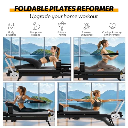 Foldable Pilates Reformer for Home Use, Portable Pilates Machine Reformer with Adjustable Resistance, Springs and Cords, Compact, Lightweight, Perfect for Home Gym, Maximum Load 400 LBS