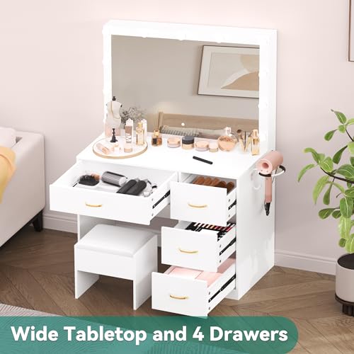 YITAHOME Vanity Desk with Mirror and Lights, Makeup Vanity Set with 11 Bulbs Light, Power Outlet, 4 Drawers and Vanity Stool