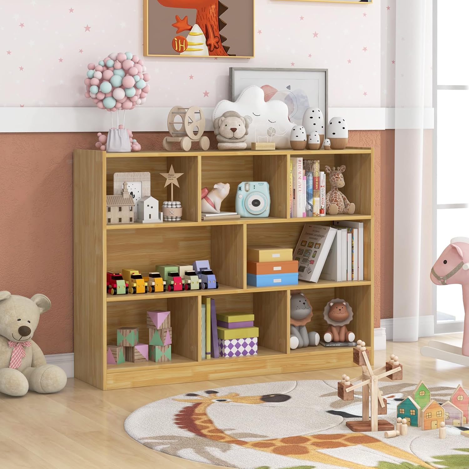 8 Cube Bookcase, 3-Tier Horizontal Bookshelf, Wooden Cube Storage Organizer for Home Office, Children's Rooms, Classroom, Under Winder Bookshelf (Yellow, 48” x 12.5” x 36.5”)