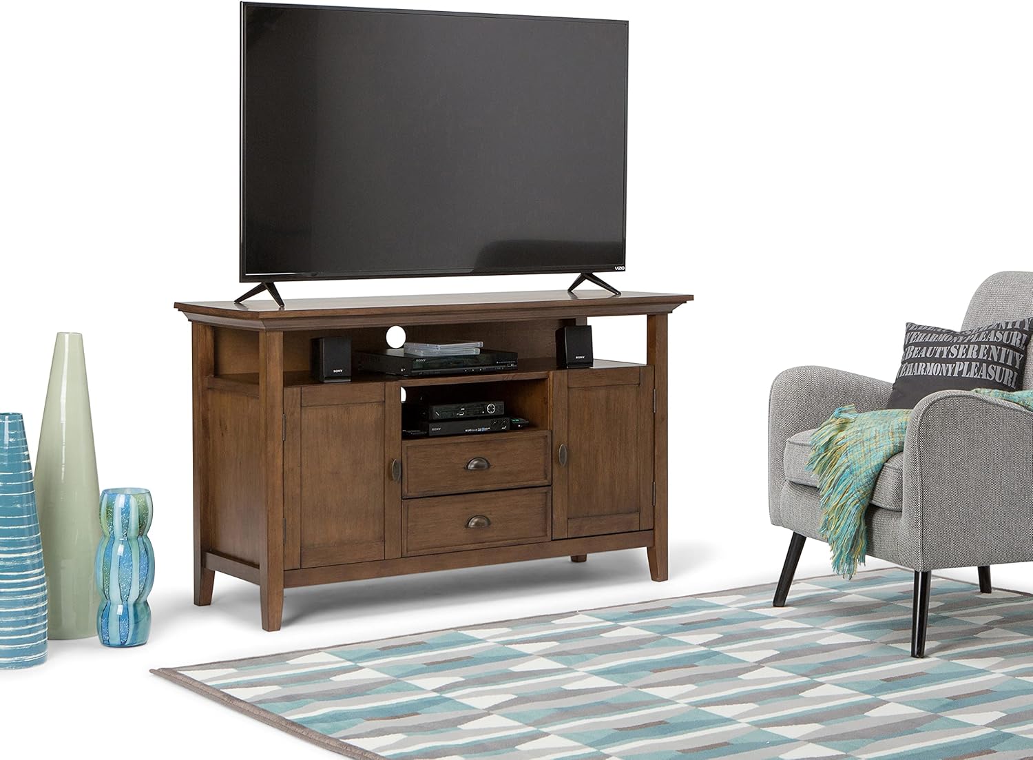 SIMPLIHOME Redmond SOLID WOOD Universal TV Media Stand, 72 inch Wide , Farmhouse Rustic, Living Room Entertainment Center, Storage Shelves and Cabinets, for Flat Screen TVs up to 60 inches in Black