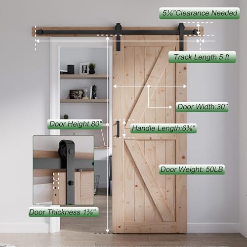 FREDBECK 48in x 80in Sliding Wood Barn Door with 8FT Barn Door Hardware Kit Included K Shape Solid Spruce Panel Sliding Door Double Surfaces Need to Assembly