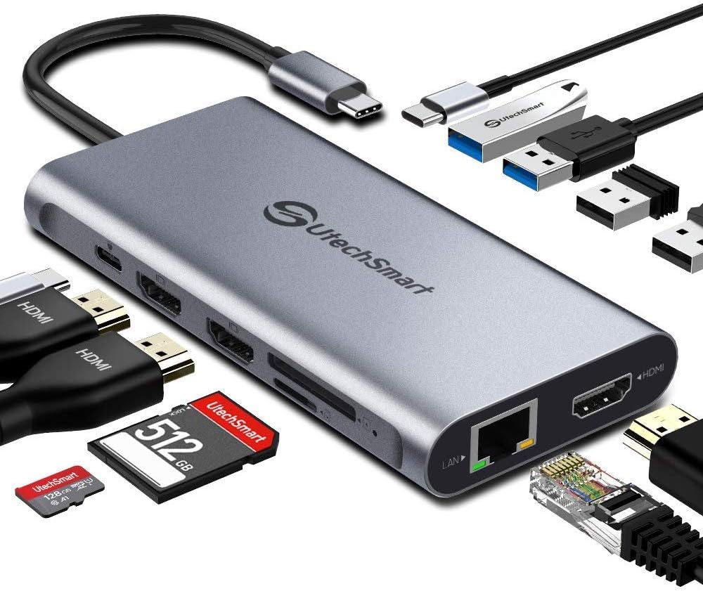 USB C Hub, USB C Docking Station, UtechSmart Triple Display 12 in 1 Type C Laptop Dock Station Adapter Compatible for MacBook and Windows(3HDMI PD3.0 SD TF Card Reader Gigabit Ethernet 4USB Ports)