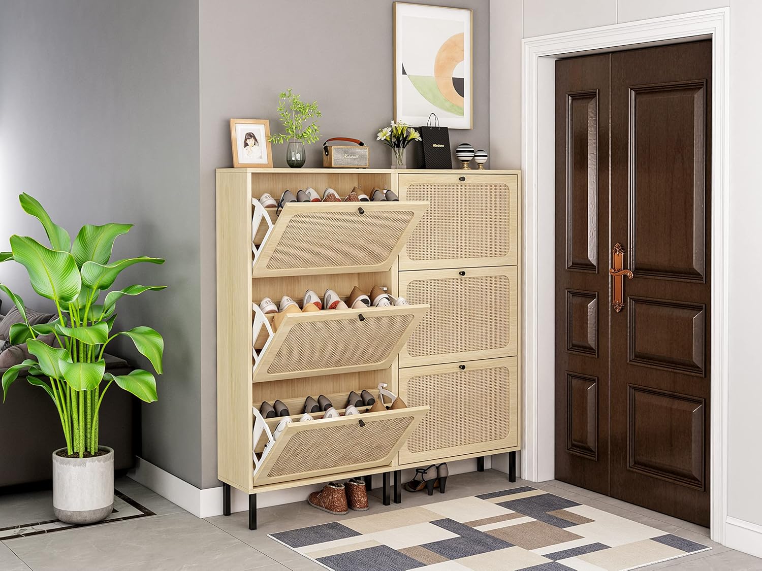 Natural Rattan 3, Freestanding, Modern Entryway Storage Cabinet Slim, Shoe Rack for Front Door Entrance, White+Walnut