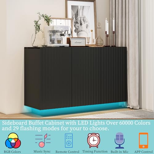Fluted Black Storage Cabinet, Sideboard Buffet Cabinet with 4 Doors, 64" Modern Accent Cabinet with 2 Adjustable Shelf, Multifunctional TV Stand for Living Room