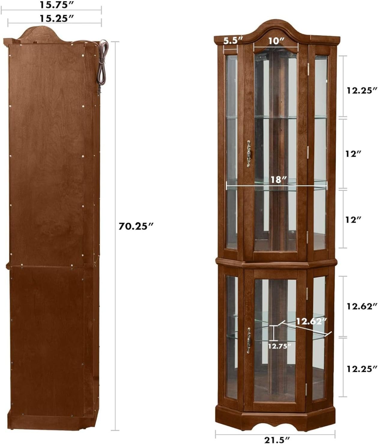 Elegant Walnut Corner Curio Cabinet, 70.25" Height with Glass Doors and Shelves, Classic Brown Finish Display Cabinet, Perfect for Displaying Collectibles and Decorative Items