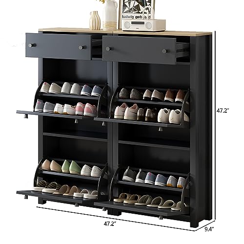 Shoe Cabinet with 2 Flip Drawers Modern Slim Hidden Shoe Storage Organizer Narrow Shoe Storage Cabinet Freestanding Shoe Rack Cabinet with Adjustable Panel for Entryway, Hallway, Living Room
