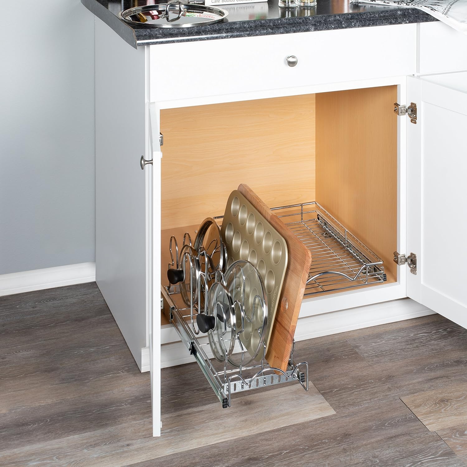 Pull Out Pan Lid Organizer Rack for Cabinet - Pull Out Organizer for Pots, Pans, Lids, Sliding Storage Rack -7" W X 21” D X 8" H, Requires at least 9" Cabinet opening - Heavy Duty Construction, Chrome Pack of 2