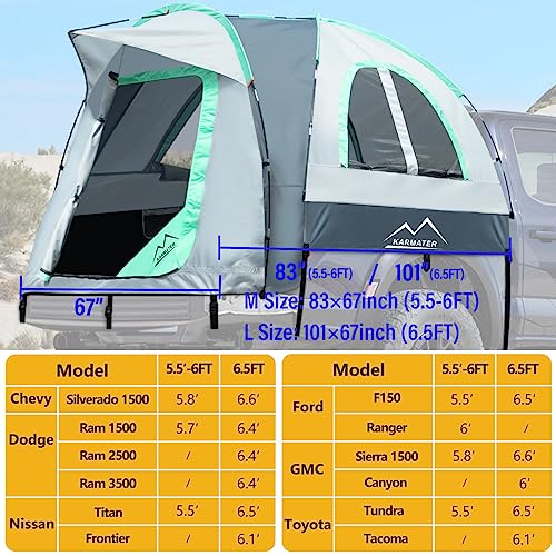 Pickup Truck Tent, Waterproof PU2000mm Truck Tent for Camping 5.5-6.5 Ft Bed,2-Person Sleeping Truck Bed Tent with Double Layer Design Windows, Pickup Tent with Expandable Triangle Sunshade Awning