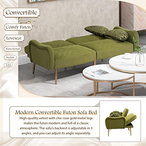 Modern Velvet Futon Sofa Bed, Convertible Loveseat with 2 Crescent-shaped Pillows, Small Sleeper Sofa with 3 Adjustable Positions, Upholstered Living Room Couch with 7 Metal Tapered Legs, Beige