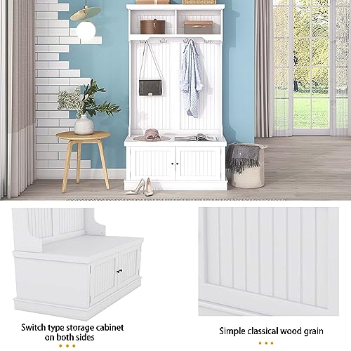 Modern Classic Hall Tree 4-in-1 Design Coat Racks Multi-Functional Entryway Coat Rack with Storage Shoe Bench Tall Hall Tree with 4 Hooks for Entryway,Hallway,Living Room (White)