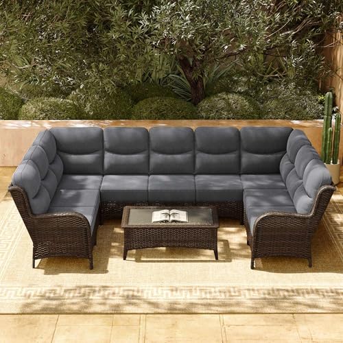 Luxury Patio Furniture Set with 6-inch Thick Cushion, Outdoor Couch and High Back Swivel Rocker Patio Chairs, 7PCS Wicker Conversation Set for Deck, Yard, and Poolside in Blue (V2)