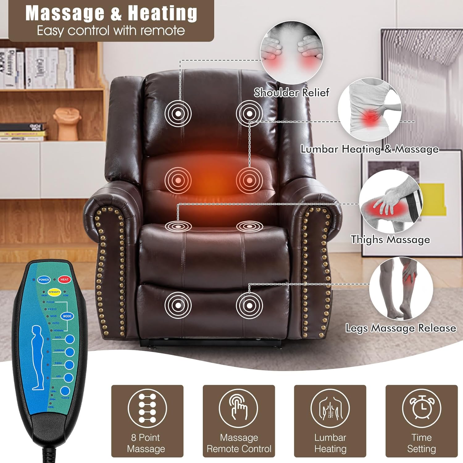 Lay Flat Dual Motor Power Lift Recliner Chair with Massage and Heat for Elderly, Breathable Leather Overstuffed Lift Chairs, Infinite Position Recliner Chairs for Sleeping, 2PCS Brown
