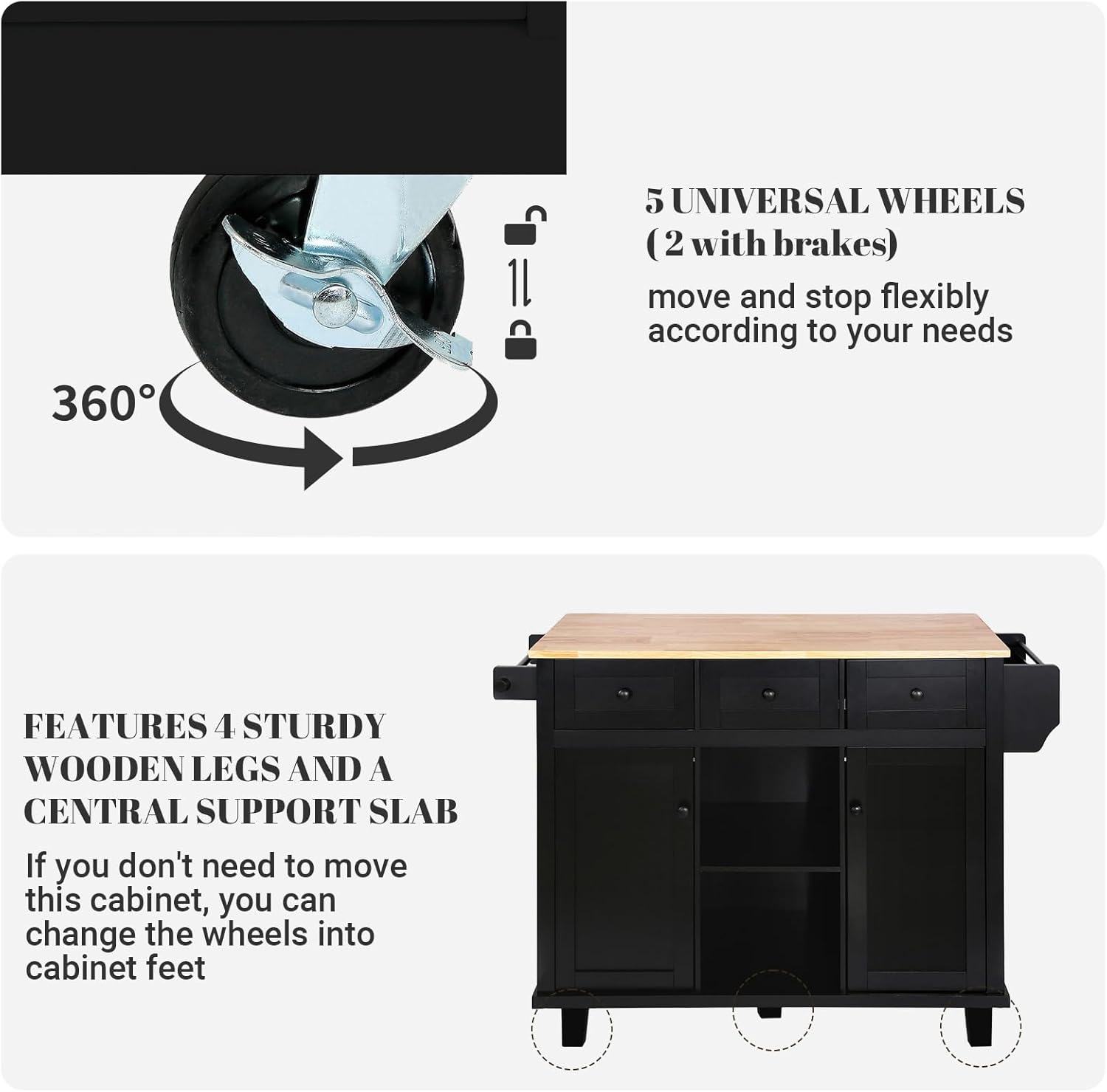 Rolling Kitchen Island with Drop Leaf Rolling Mobile Kitchen Island with Storage 53in Wood Portable Island for Kitchen,with Drawer and Storage Cabinet, Spice Rack, Towel Rack, Black