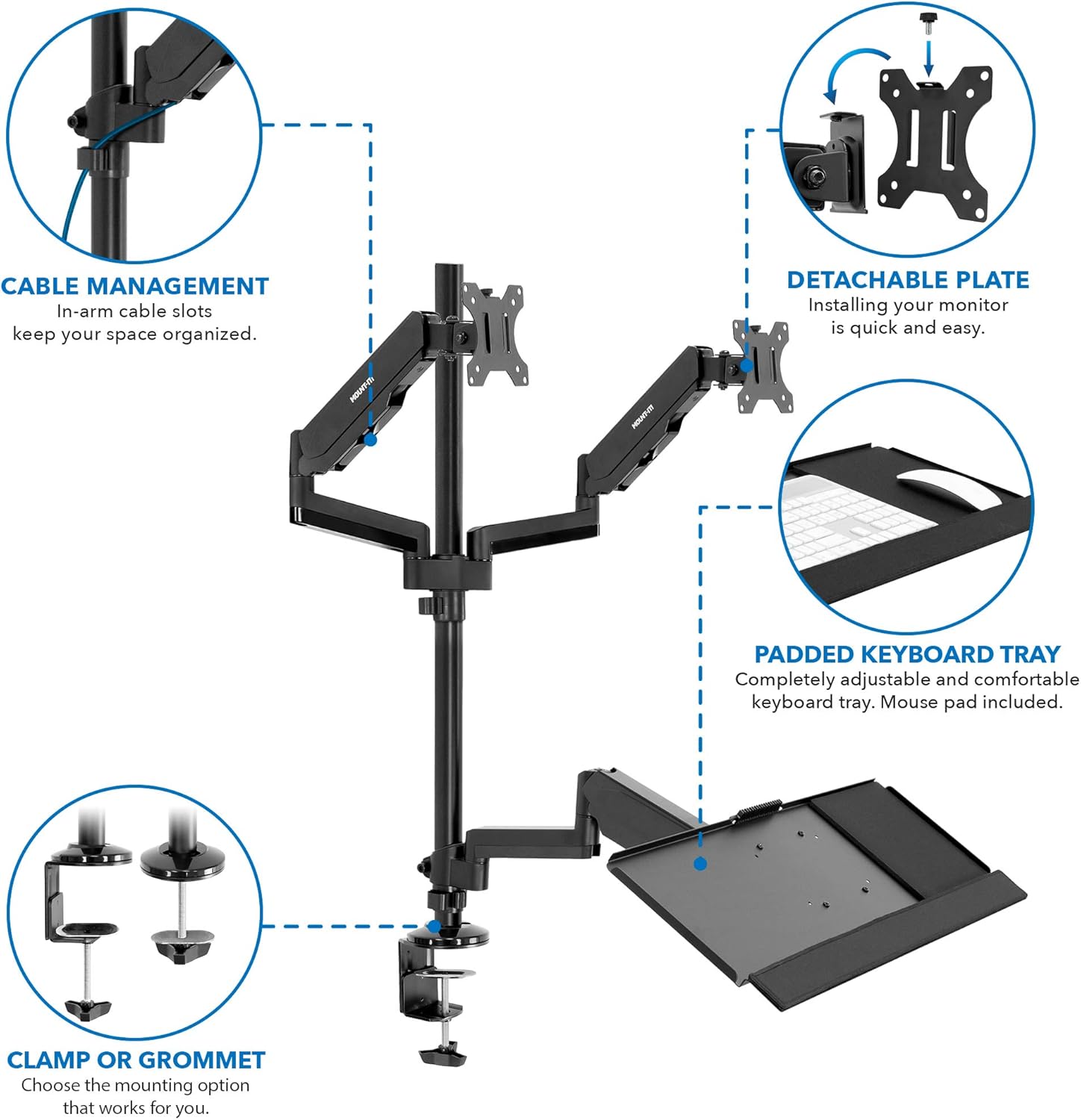 MOUNT-IT! Dual Monitor Sit Stand Workstation [2 Screens up to 32" Each] Height Adjustable and Quick Release Screen Mount, Standing Desk with Keyboard Tray, (Black)