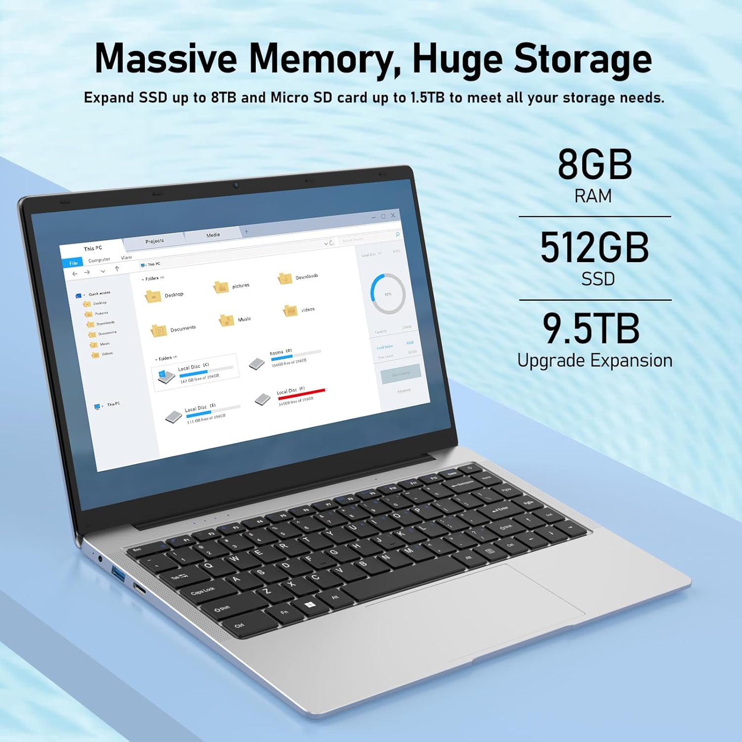 Windows Laptop Computer, 8GB DDR4 RAM, 512GB M.2 SATA SSD, 2-2.5 GHz Intel Celeron J4105 Processor, 14.1" FHD IPS LCD Screen, Mini HDMI, USB-A x2, MicroSD, Windows 11 Pro Traditional Laptop Computers