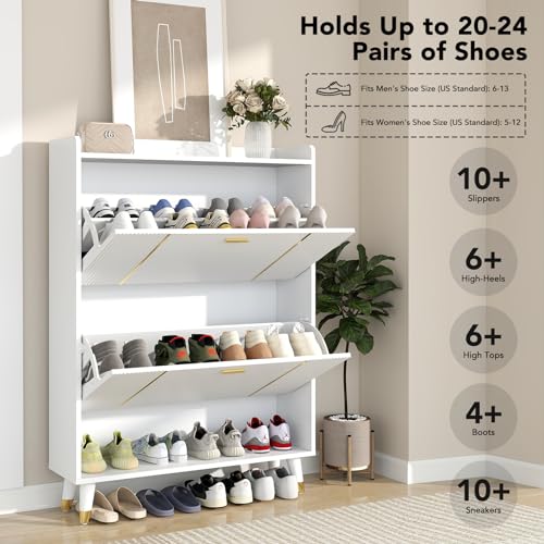 Shoe Storage Cabinet with 3 Flip Drawers, Slim Wooden Freestanding Shoe Cabinet, Hidden Narrow Shoes Rack Organizer for Entryway Hallway Entrance, Holds 28 Pairs, White