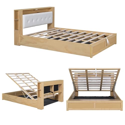 Merax 3 Pieces Bedroom Sets, Queen Size Upholstered Platform Bed with Storage Nightstand and 6 Drawers Dresser Cabinet, Motion Activated Night Lights, USB Charger, Natural