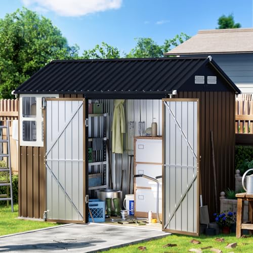 10X12X7.5 FT Outdoor Steel Storage Shed with Lockable Doors, 2 Windows, Transparent Roof Panels (Wood Panels & Frame Floor Not Included), Ideal for Patio Storage,Garbage Can, Chicken Coop，Brown