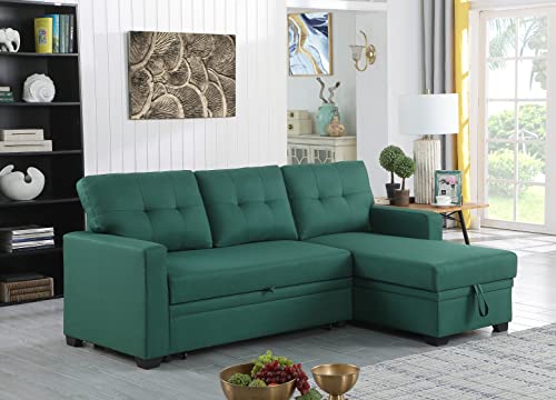 L-Shape Sofa Sectional Convertible Sleeper with Storage Chaise and Pull-Out Bed, Linen Upholstered Reversible Corner 3 Person Couch, for Living Room, Apartment, 82" Green, 82inch