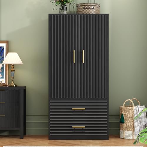 Armoire Armoire Wardrobe Closet with 2 Wave Doors, Storage Closet Cabinet with 2 Drawers, Hanging Rod, Freestanding Wooden Closet for Bedroom(White)