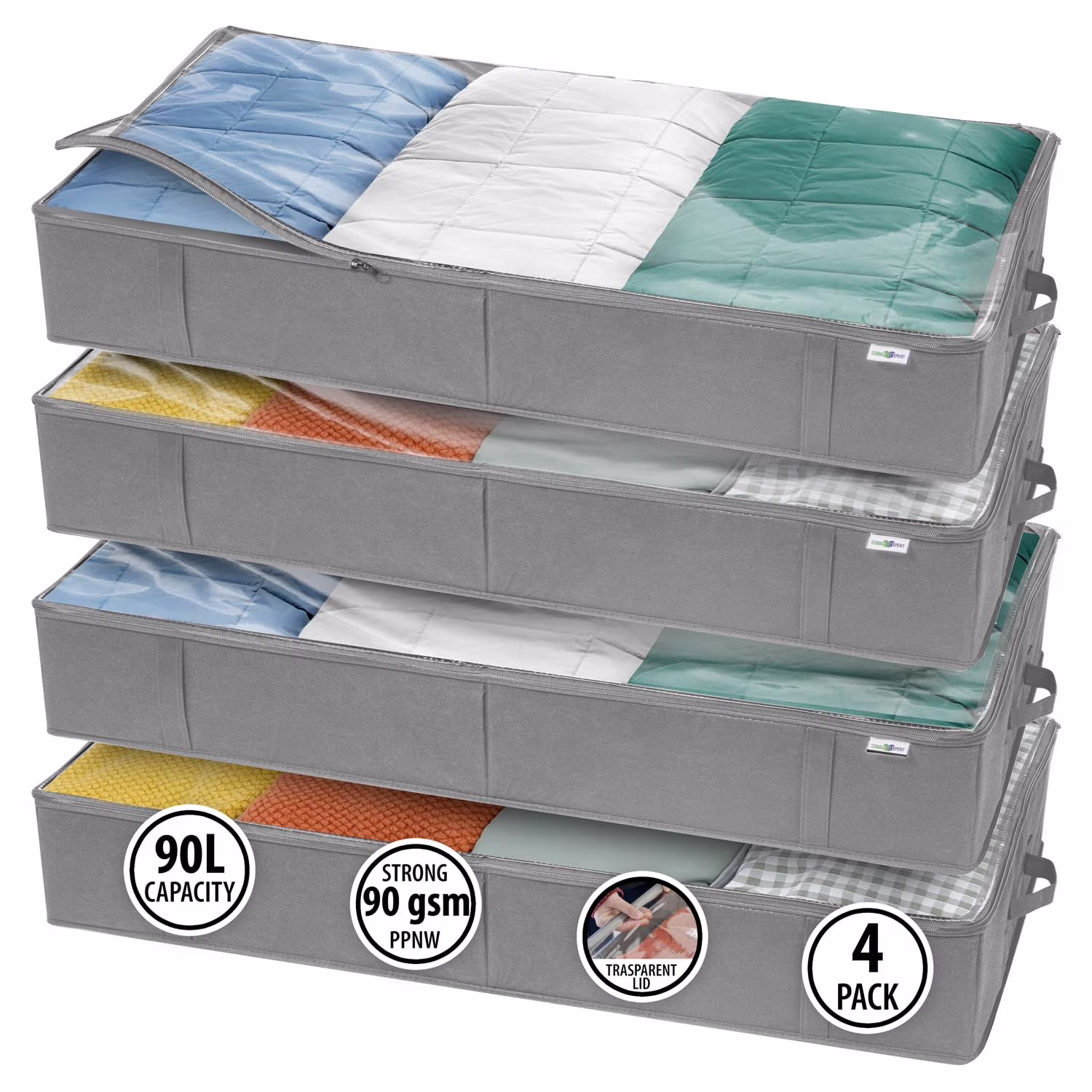 Dust proof under bed storage containers, large capacity closet organizers, ideal for clothes, toys, bedding, bedroom storage solution, gray, 4 pack