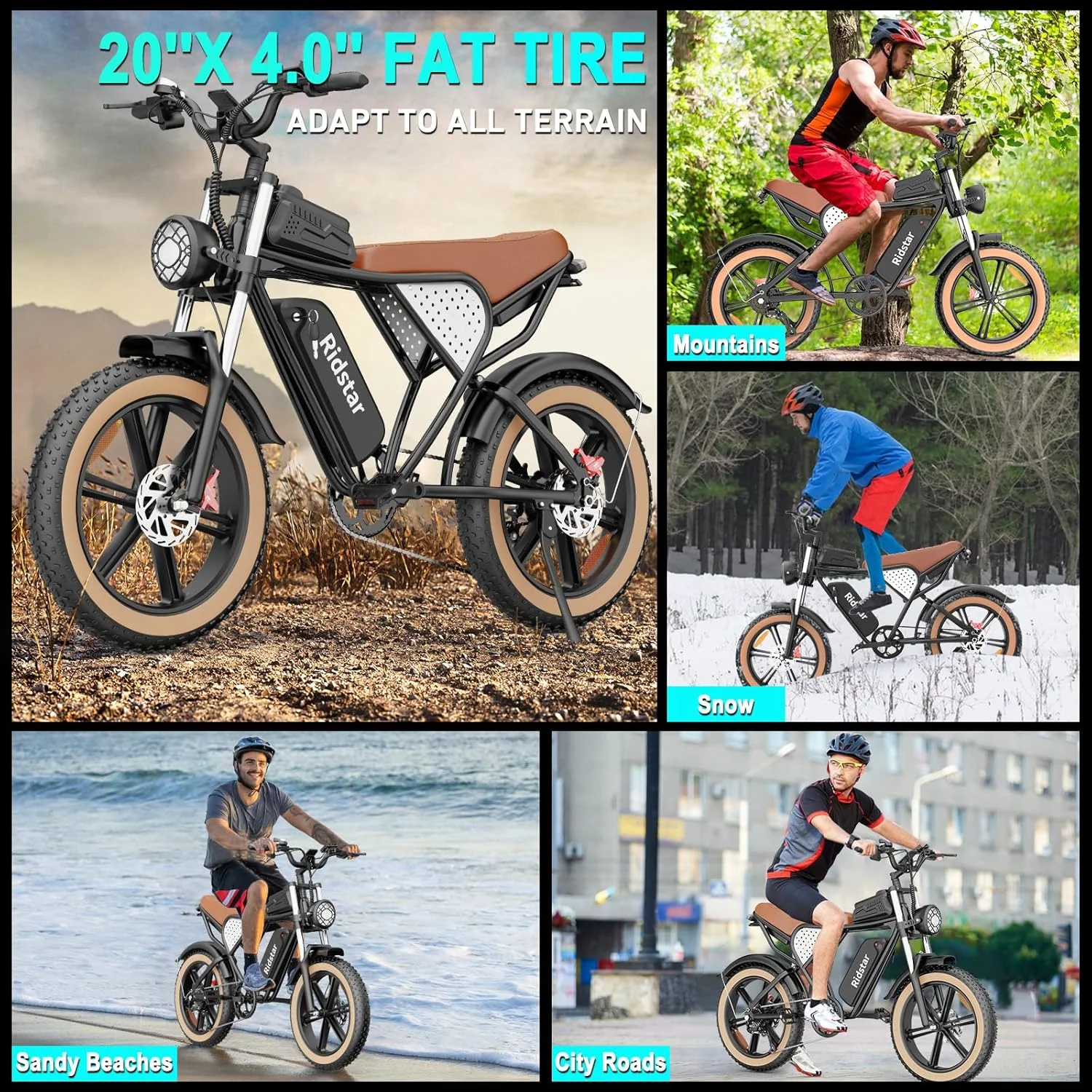 Electric Bike for Adults Ridstar, 1000W,30MPH e-Mountain Bike,48V 15.6AH Removable Battery, Motorcycle 20" Fat Tire Electric Bicycle, All-Terrain Ebike UL Certified
