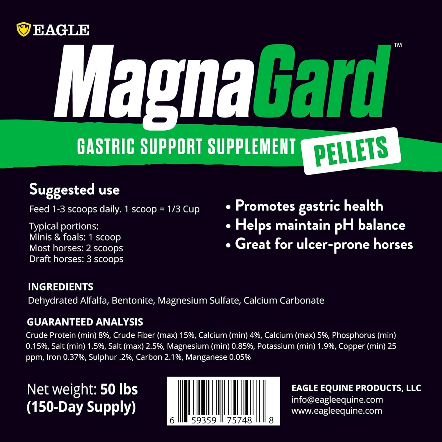Pellet - 50 lbs, Gastric Support Supplement for Horses | Palatable Alfalfa Pellet with Calcium, Magnesium, and 50+ Trace Minerals | 150 Day Supply, 50 lbs