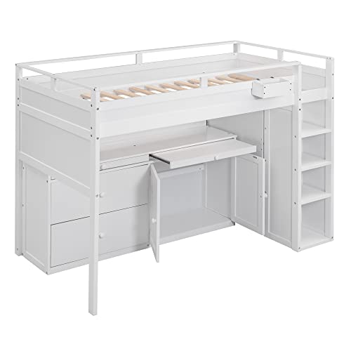 BIADNBZ Double Twin Size Loft Bed with Wardrobes and Storage Stair, Wooden High Loftbed Frame for 2, for Kids Teens Adults, White