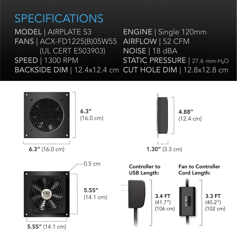 AC Infinity AIRPLATE S3, Quiet Cooling Fan System 6 with Speed Control, for Home Theater AV Cabinets