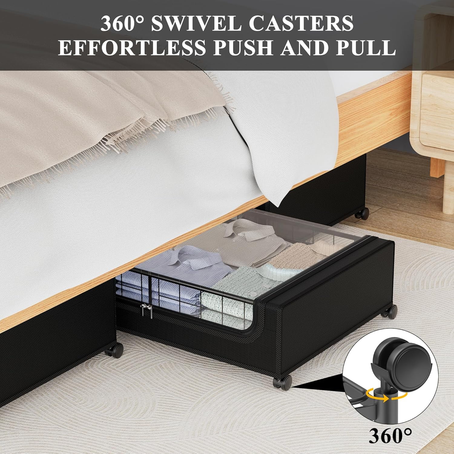 Under Bed Storage with Wheels and Cover, 360? Rolling Under Bed Metal Drawers for Clothes, Blankets, Books and Shoes,Black