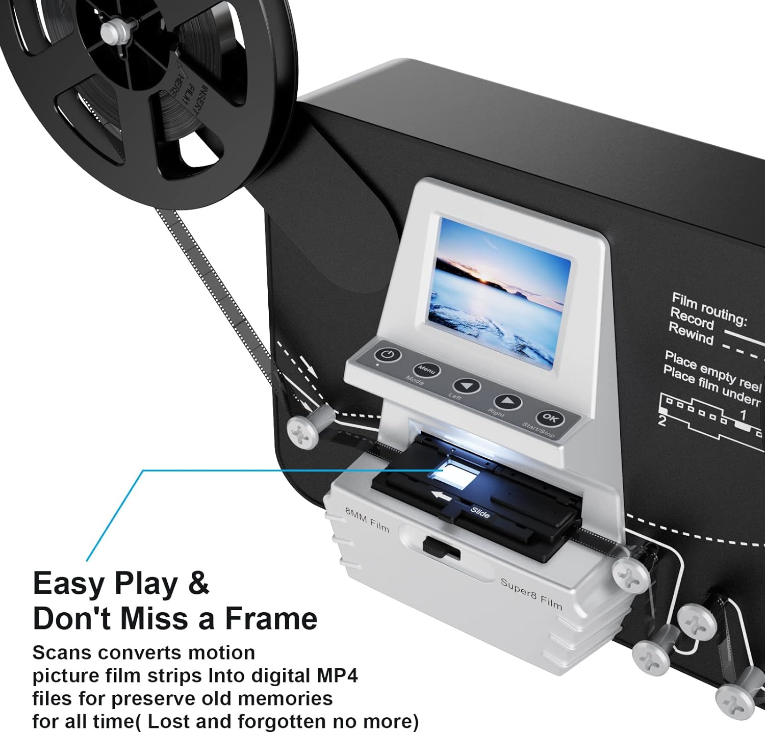 8mm & Super 8 Reels to Digital Film Scanner Converter, Film Digitizer with 2.4 Screen, Convert 3” 4” 5” 7” 9” Reels View Frame by Frame into 1080P Digital MP4 Files,Sharing & Saving on 32GB SD Card