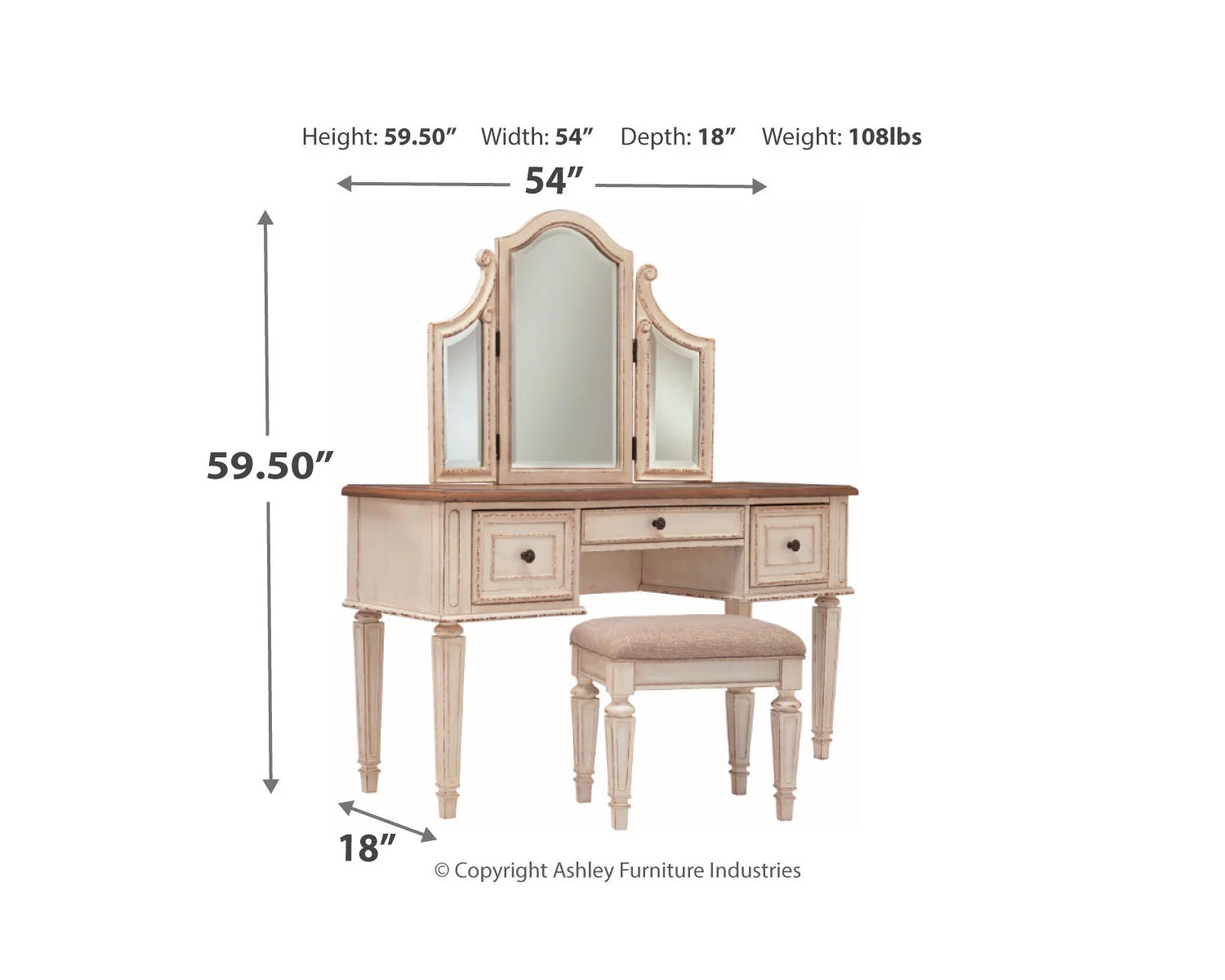 Signature Design by Ashley Casual Realyn 3 Drawer Vanity and Mirror with Stool, Two-tone
