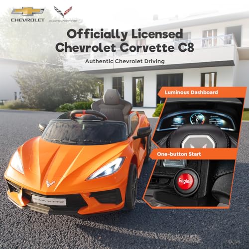 Licensed Chevrolet Corvette C8 12V Kids Electric Car Ride on Car with Remote Control Battery Powered Sports Car, 3 Speeds, Bluetooth, Shiny Dashboard, MP3 & LED Head Lights